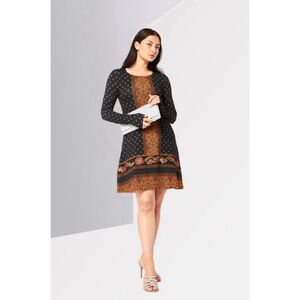 Desigual Camille Long Sleeve Drop Waist Jersey Knit Boho Mini Dress Medium Black